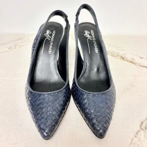 Donald J. Pliner Cain Woven Leather Slingback Pumps Navy Blue Women's Size 7M