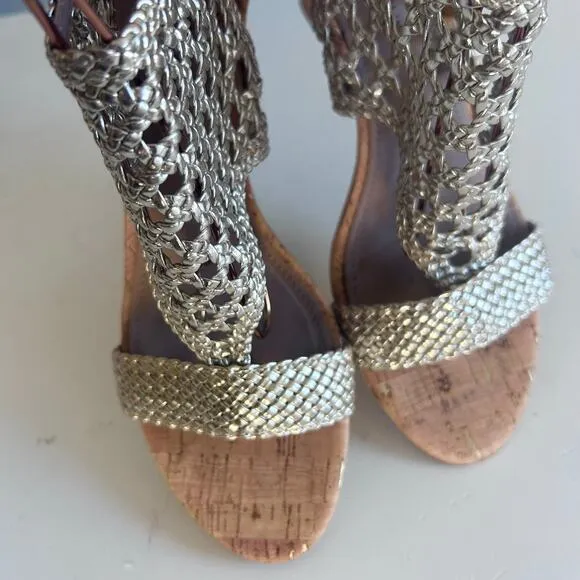 Donald Pliner sandals size 6.5 netted wedge cork metallic gold wicker ankle