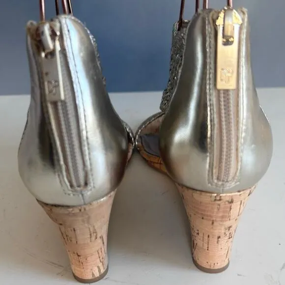 Donald Pliner sandals size 6.5 netted wedge cork metallic gold wicker ankle
