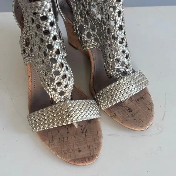 Donald Pliner sandals size 6.5 netted wedge cork metallic gold wicker ankle