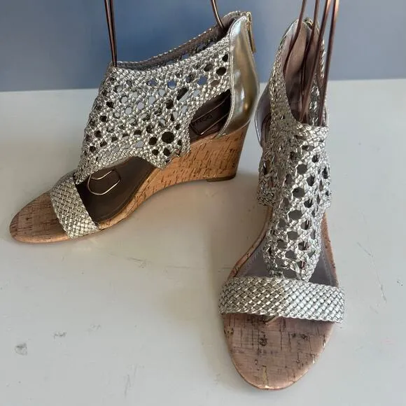 Donald Pliner sandals size 6.5 netted wedge cork metallic gold wicker ankle