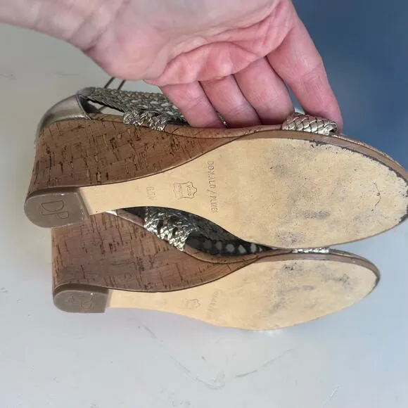 Donald Pliner sandals size 6.5 netted wedge cork metallic gold wicker ankle