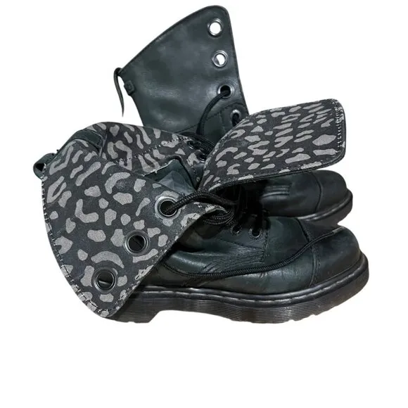 Dr. Martens Aimilie Leather Fold Over Green Animal Print Combat Biker Boots 6