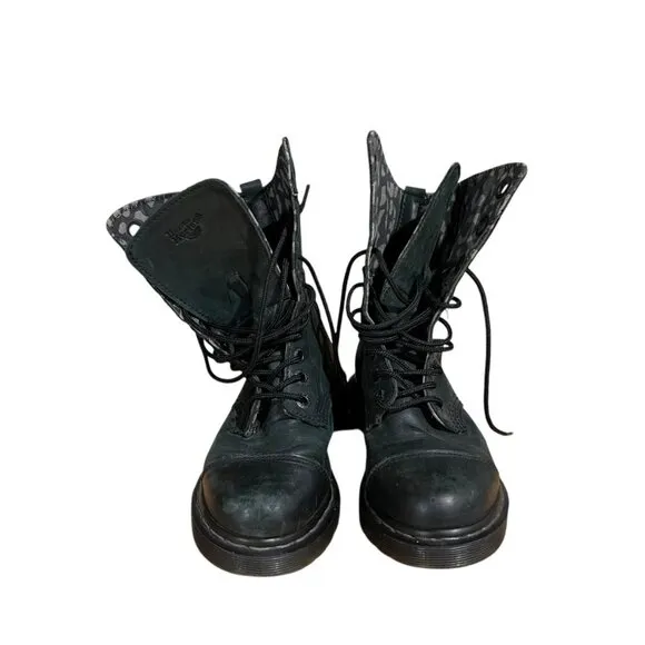 Dr. Martens Aimilie Leather Fold Over Green Animal Print Combat Biker Boots 6