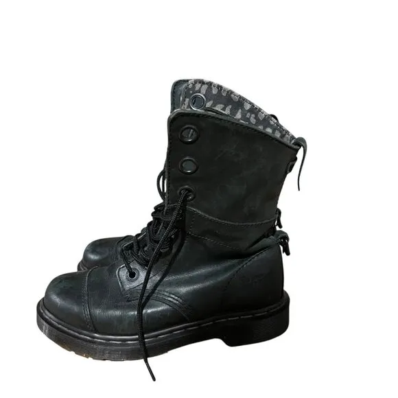 Dr. Martens Aimilie Leather Fold Over Green Animal Print Combat Biker Boots 6