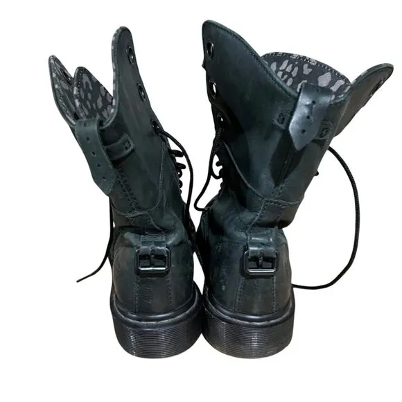Dr. Martens Aimilie Leather Fold Over Green Animal Print Combat Biker Boots 6