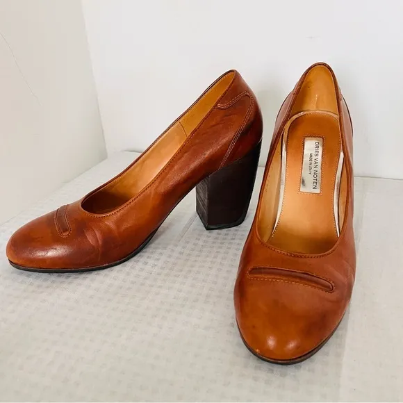 DRIES VAN NOTEN Vintage Brown Leather Heels Shoes Size 37 (7 M) Italy RARE