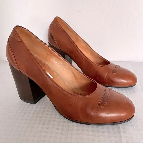 DRIES VAN NOTEN Vintage Brown Leather Heels Shoes Size 37 (7 M) Italy RARE