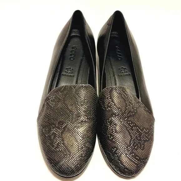 Ecco Touch Ballerina 2 Snake Embossed Ballet Flats Black Leather SlipOn 6.5 NWOB