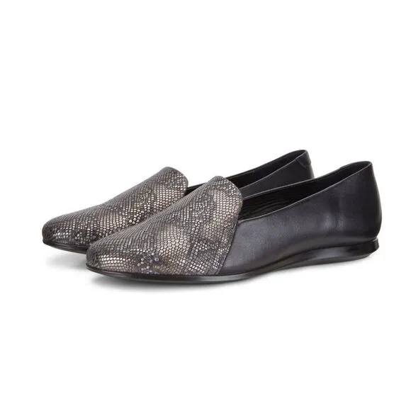Ecco Touch Ballerina 2 Snake Embossed Ballet Flats Black Leather SlipOn 6.5 NWOB