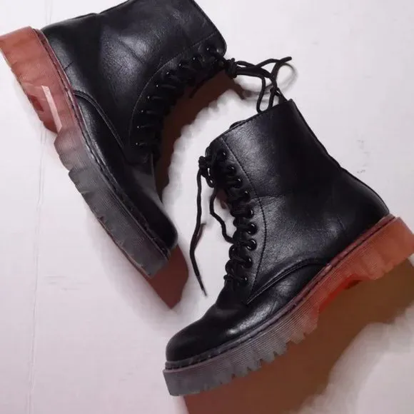 💥EDGY CHIC💥 &quot;MARTINA&quot; 100% GENUINE LEATHER BLUE &amp; PiNK OMBRE SOLE COMBAT BOOTS