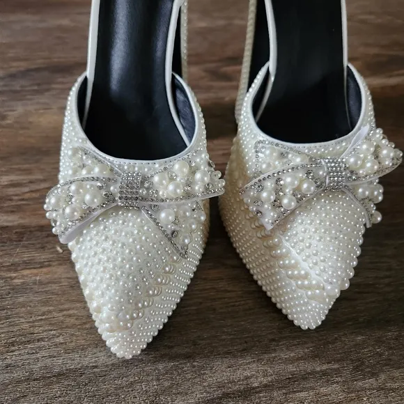Elegant Pearl-Embellished Platform Heels Size 41, 9.5 US