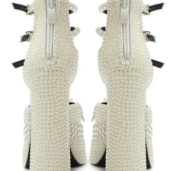 Elegant Pearl-Embellished Platform Heels Size 41, 9.5 US