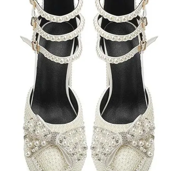 Elegant Pearl-Embellished Platform Heels Size 41, 9.5 US