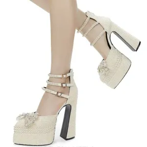 Elegant Pearl-Embellished Platform Heels Size 41, 9.5 US