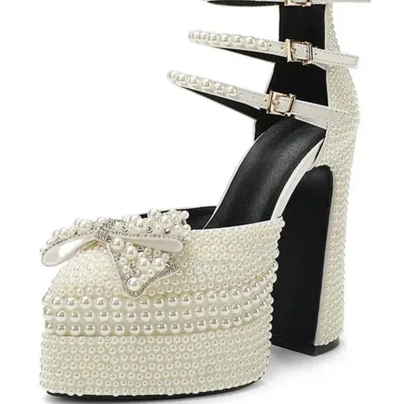 Elegant Pearl-Embellished Platform Heels Size 41, 9.5 US
