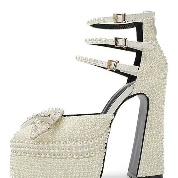 Elegant Pearl-Embellished Platform Heels Size 41, 9.5 US