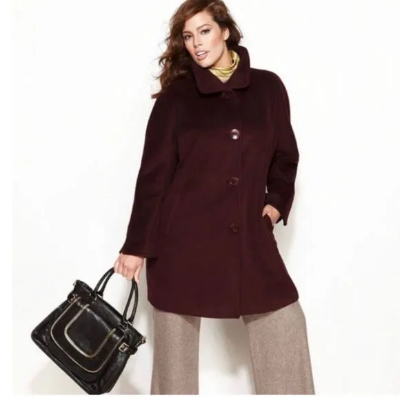 Ellen Tracy Mid Length Bordeaux Burgundy Wool Blend Pea Coat Women Jacket (Sz10)