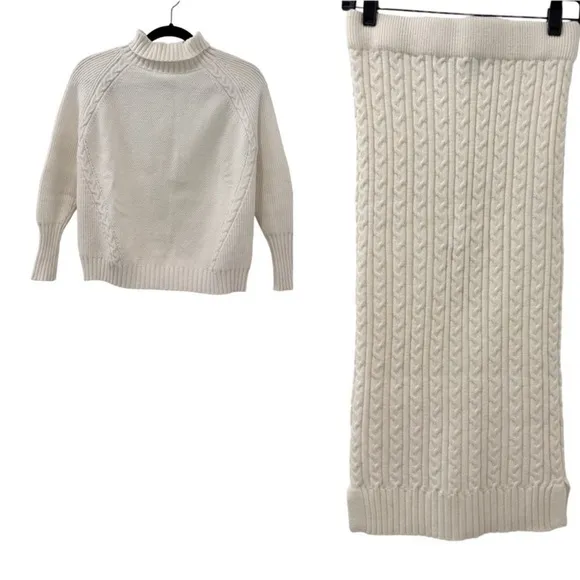 Elliatt Women’s S/XS Cream Cable Knit Sweater Skirt Set Turtleneck Ribbed Midi