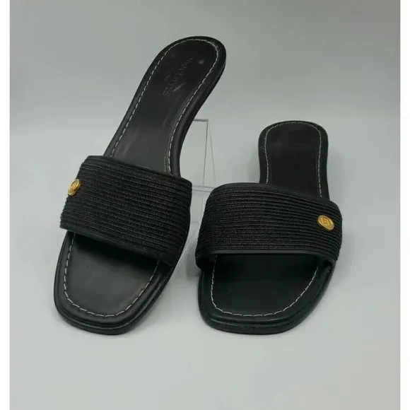 Eric Javits Womens Leather Woven Low Heel Sandals Slides Black Size 10