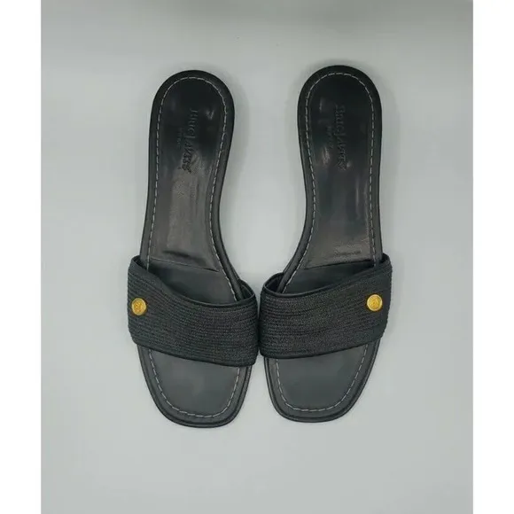 Eric Javits Womens Leather Woven Low Heel Sandals Slides Black Size 10
