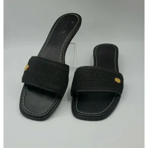 Eric Javits Womens Leather Woven Low Heel Sandals Slides Black Size 10