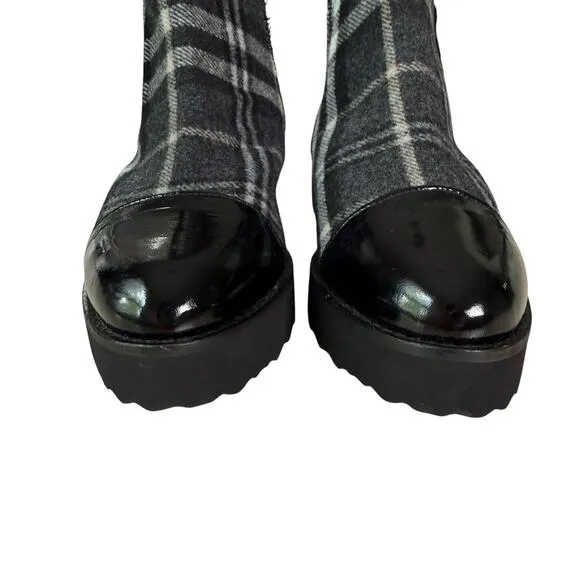 Eric Michael Gray Tartan Plaid Ankle Boots Patent Leather Cap Toe Side Zip, 6.5