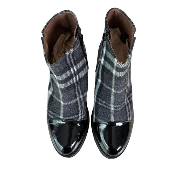 Eric Michael Gray Tartan Plaid Ankle Boots Patent Leather Cap Toe Side Zip, 6.5