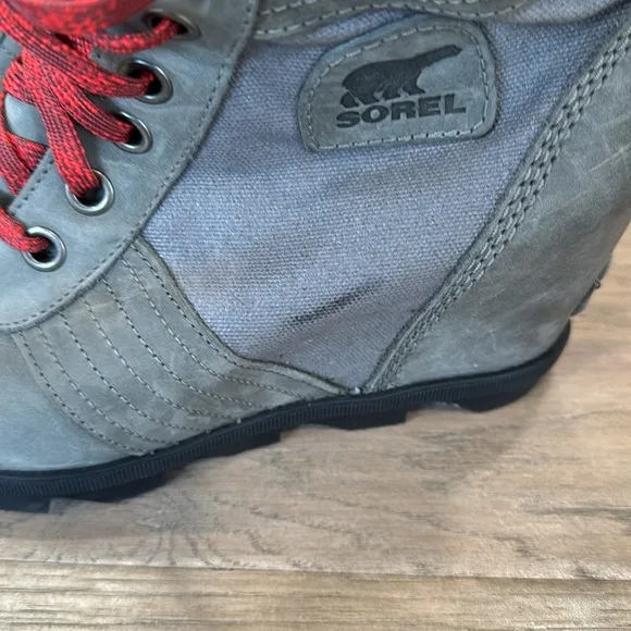 EUC Sorel Lexie Wedge 1808531052 Womens Gray Leather Lace Up Boots Size 11