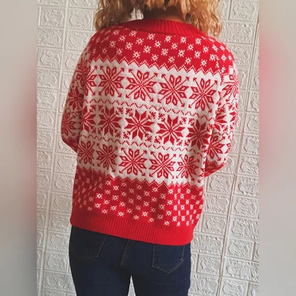 Fair Isle Color Contrast Winter Snowflake Long Sleeve Pullover Sweater Shirt Red