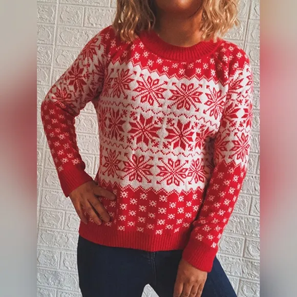 Fair Isle Color Contrast Winter Snowflake Long Sleeve Pullover Sweater Shirt Red