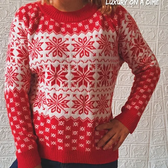 Fair Isle Color Contrast Winter Snowflake Long Sleeve Pullover Sweater Shirt Red