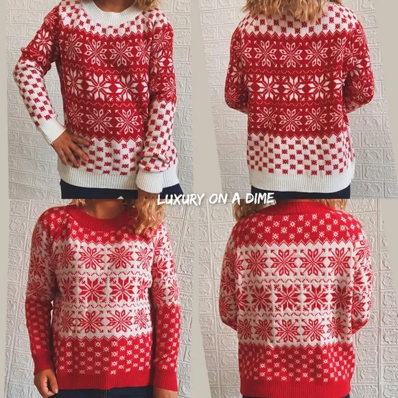 Fair Isle Color Contrast Winter Snowflake Long Sleeve Pullover Sweater Shirt Red