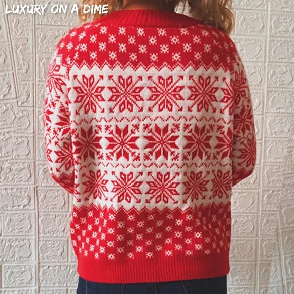 Fair Isle Color Contrast Winter Snowflake Long Sleeve Pullover Sweater Shirt Red