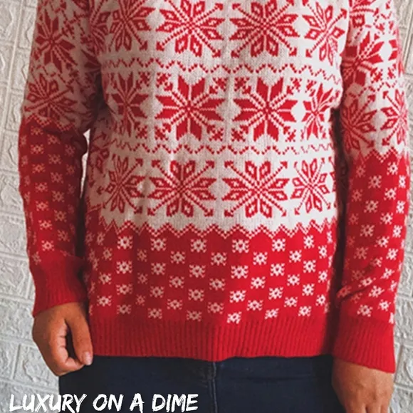Fair Isle Color Contrast Winter Snowflake Long Sleeve Pullover Sweater Shirt Red