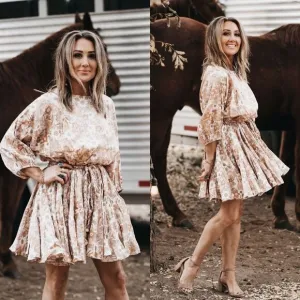 Fall floral short bubble long sleeve print dress