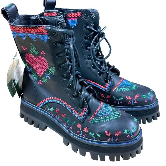 Farm Rio Black Mid Boots Heart Stitched Lace Up Women's Size 7.5 New Without Box