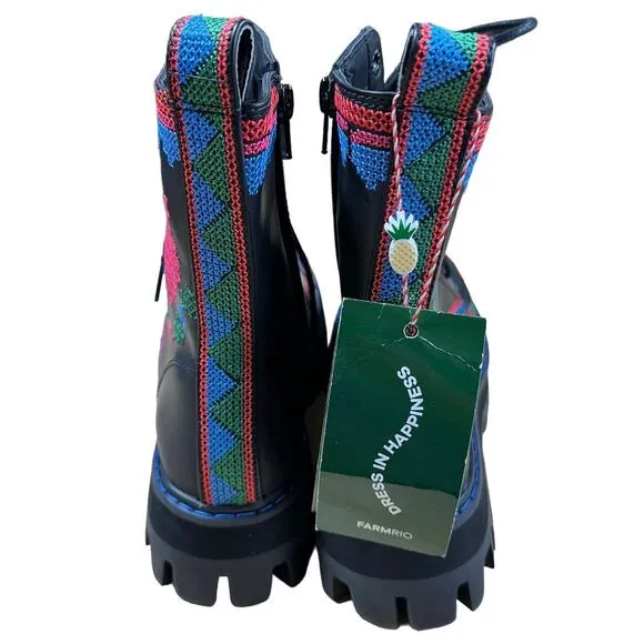 Farm Rio Black Mid Boots Heart Stitched Lace Up Women's Size 7.5 New Without Box