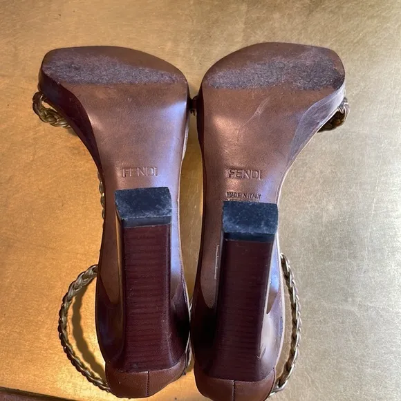 Fendi Strappy Woven Leather Heeled Sandals in Brown and Metallic Gold Leather