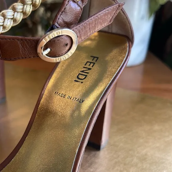 Fendi Strappy Woven Leather Heeled Sandals in Brown and Metallic Gold Leather