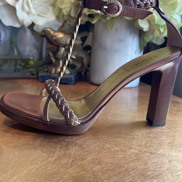 Fendi Strappy Woven Leather Heeled Sandals in Brown and Metallic Gold Leather