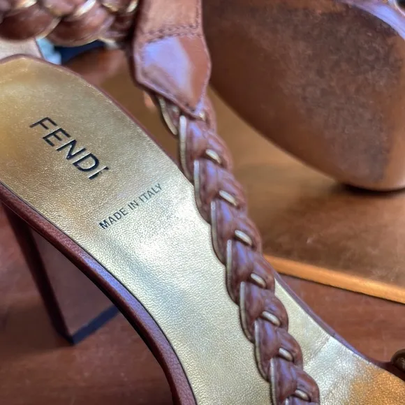 Fendi Strappy Woven Leather Heeled Sandals in Brown and Metallic Gold Leather