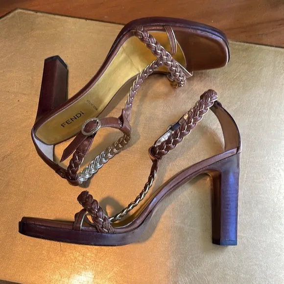 Fendi Strappy Woven Leather Heeled Sandals in Brown and Metallic Gold Leather