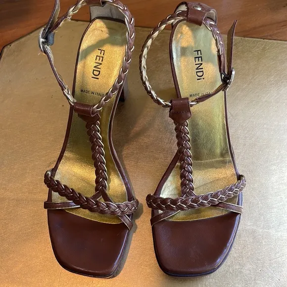Fendi Strappy Woven Leather Heeled Sandals in Brown and Metallic Gold Leather