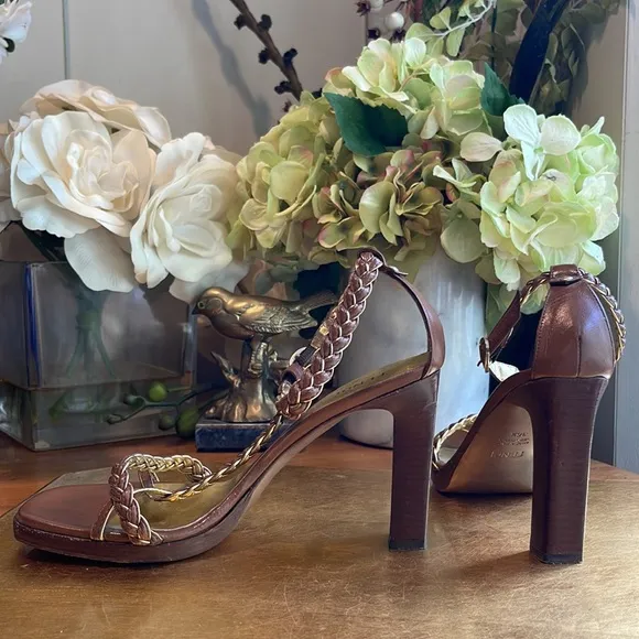 Fendi Strappy Woven Leather Heeled Sandals in Brown and Metallic Gold Leather