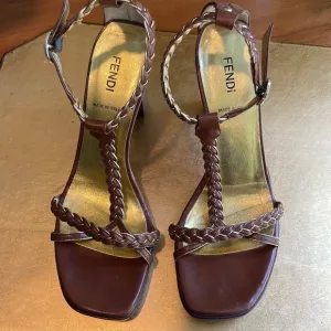 Fendi Strappy Woven Leather Heeled Sandals in Brown and Metallic Gold Leather