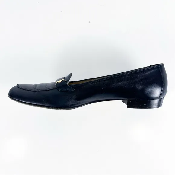 Ferragamo Vintage Dark Blue Leather Low Heel Gold Buckle Loafers 8.5AA Narrow