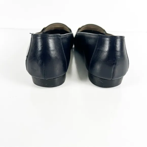 Ferragamo Vintage Dark Blue Leather Low Heel Gold Buckle Loafers 8.5AA Narrow