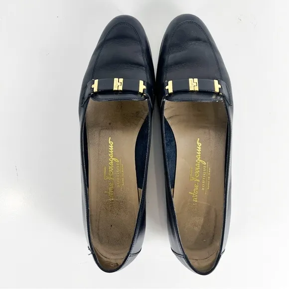 Ferragamo Vintage Dark Blue Leather Low Heel Gold Buckle Loafers 8.5AA Narrow