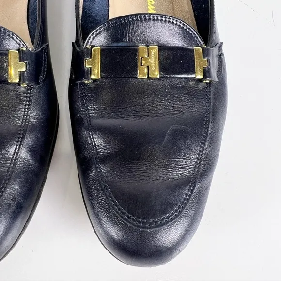 Ferragamo Vintage Dark Blue Leather Low Heel Gold Buckle Loafers 8.5AA Narrow